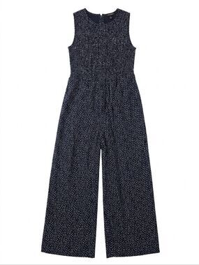NWT Small Andrew Marc Navy and White Polka Dot Sleeveless Smocked Jumpsuit Flowy